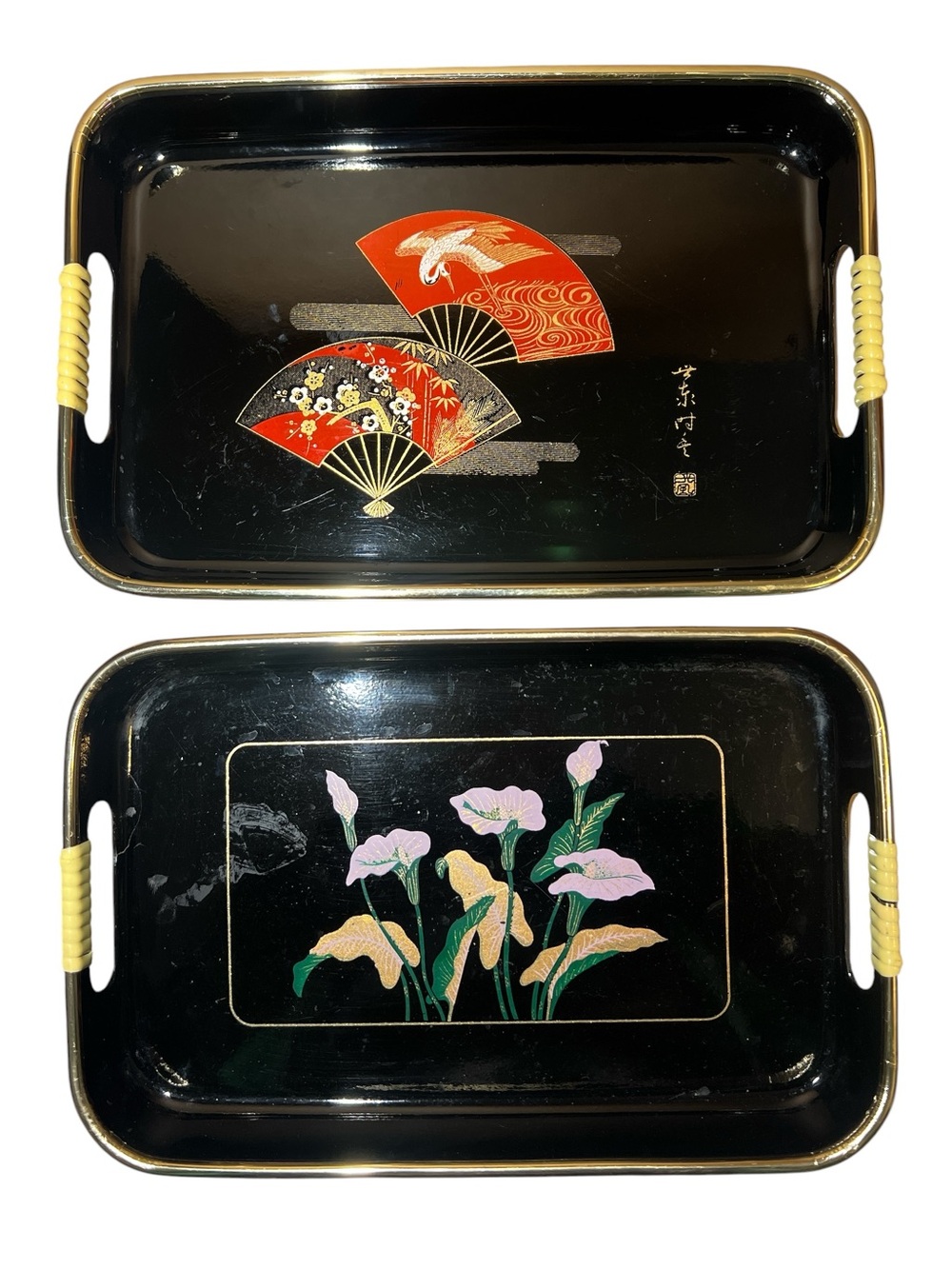 Vintage 60’s Black Lacquer Trays with Floral & Fan Motifs *READ Description*